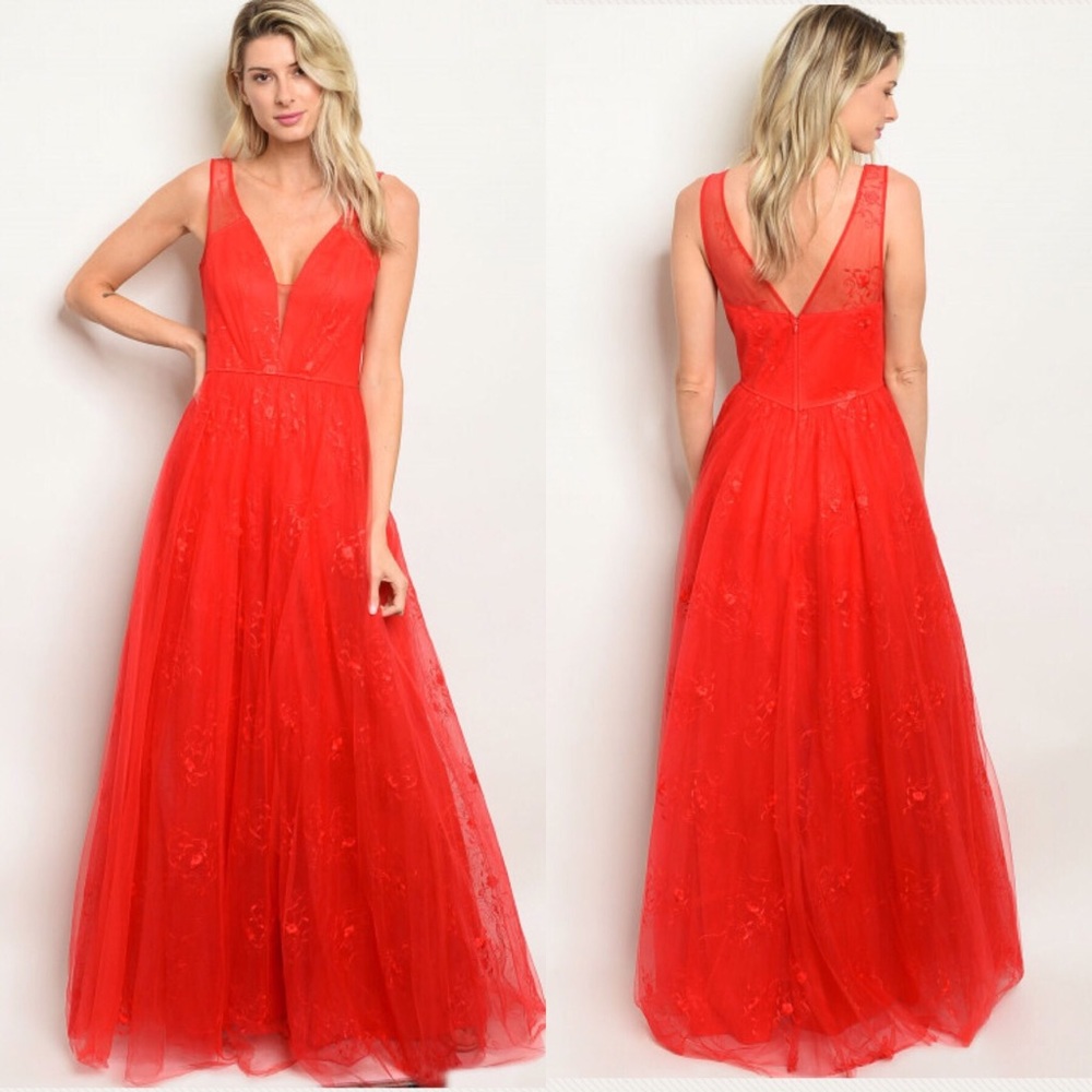 Sleeveless Red Plunge Neck Tulle Maxi Dress Gown - Picture 2 of 4